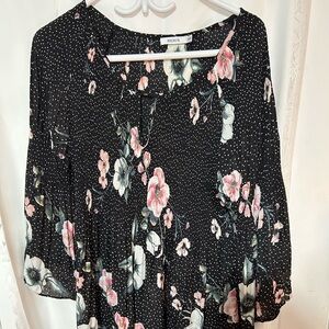 Ricki's Black and Pink Floral Blouse with stretch- nice bell sleeves / neckline